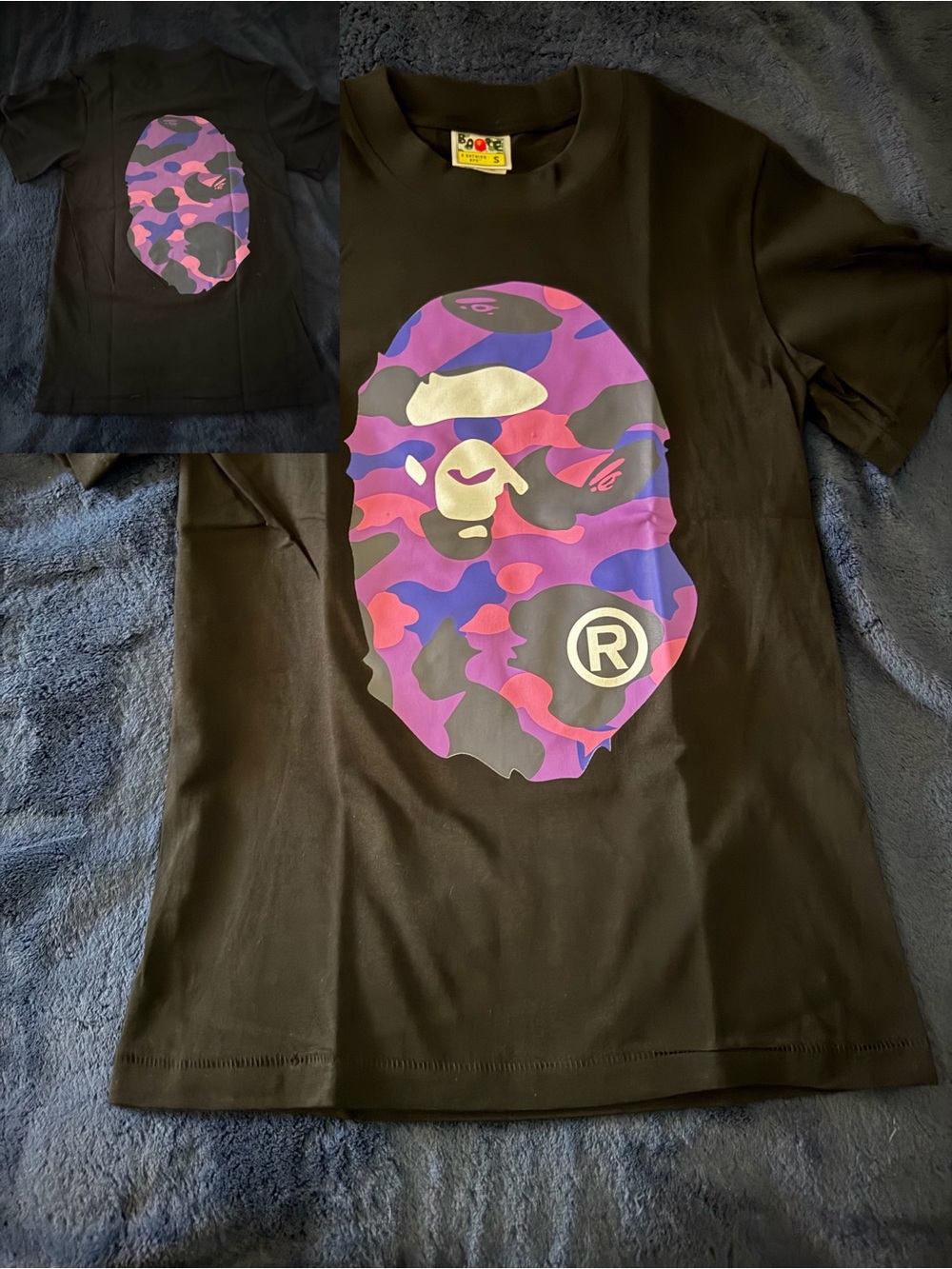 Bape Black Tee with Purple & Pink Camo Ape Head